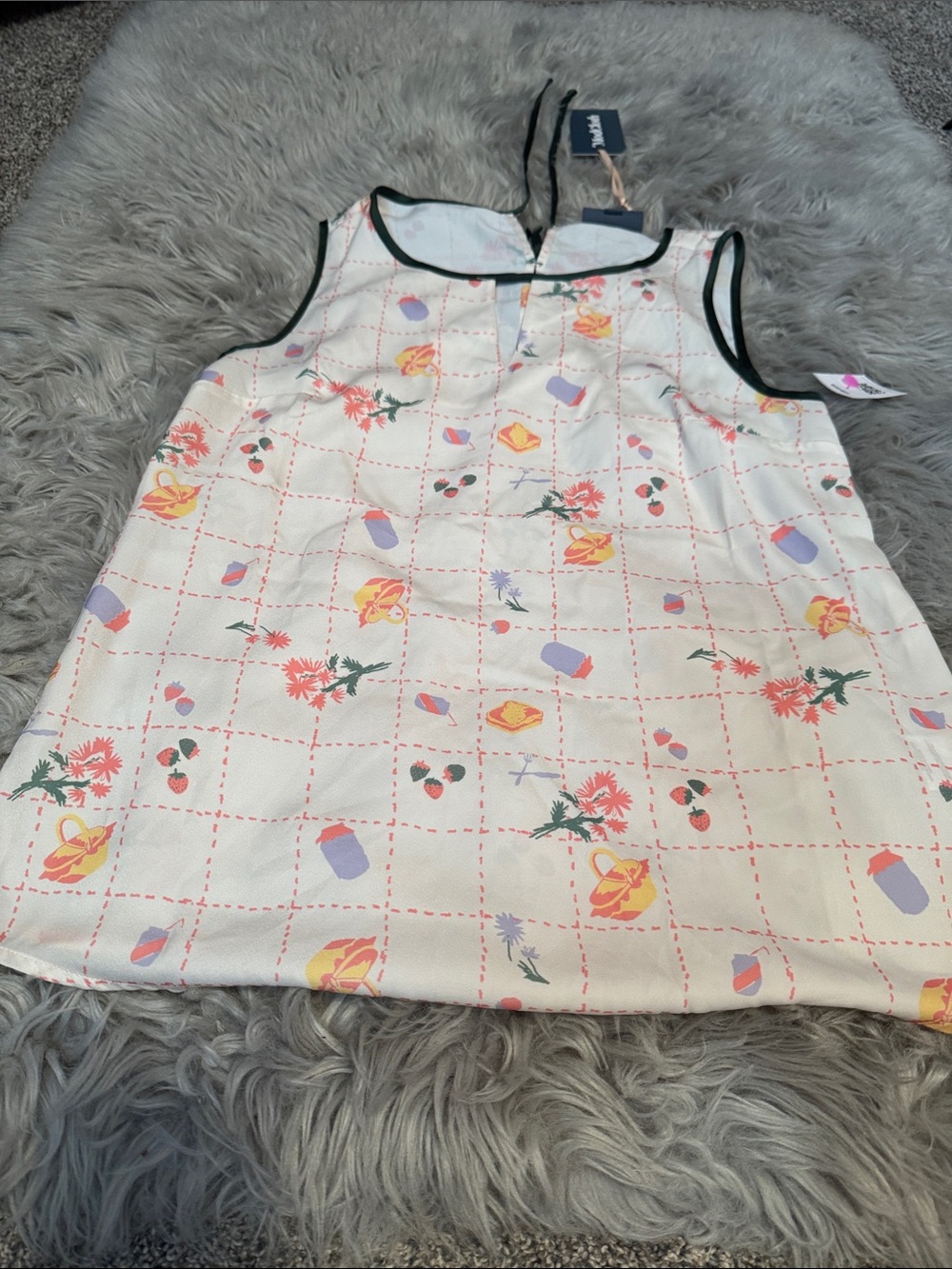 Modcloth Cream Floral Grid Sleeveless Blouse with green Trim
